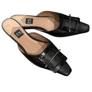 Zac Posen Vallerie Black Leather Mule Flat Slide Square Toe Silver Bar Shoes 6.5